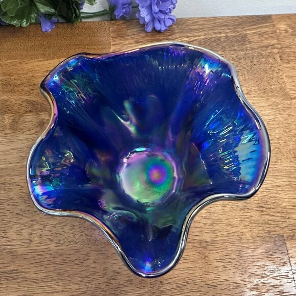 Vintage Cobalt Blue Glass Bowl Ruffled Edge Art Deco Centerpiece - Picture 5 of 6